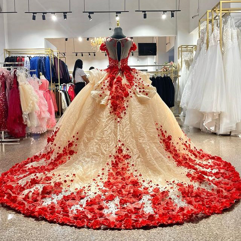 Abito rosso Quinceanera O-Collo Applicazioni Fiori 3D Festa Principessa Dolce 16 Abito da ballo Abiti da 15 anos