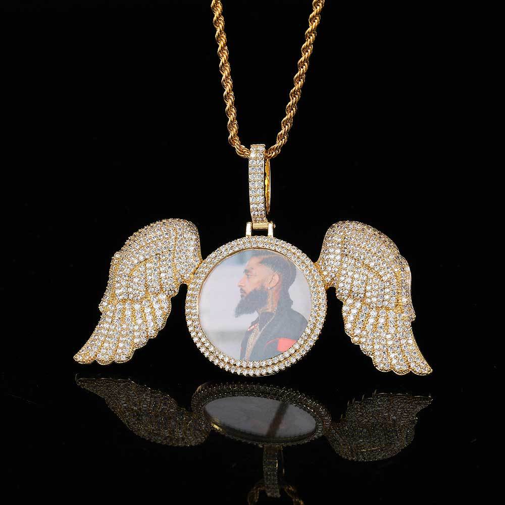 Hip Hop Angel Wings Personnalisé Photo Pendentif Collier Bling Zircon Diamant Bijoux