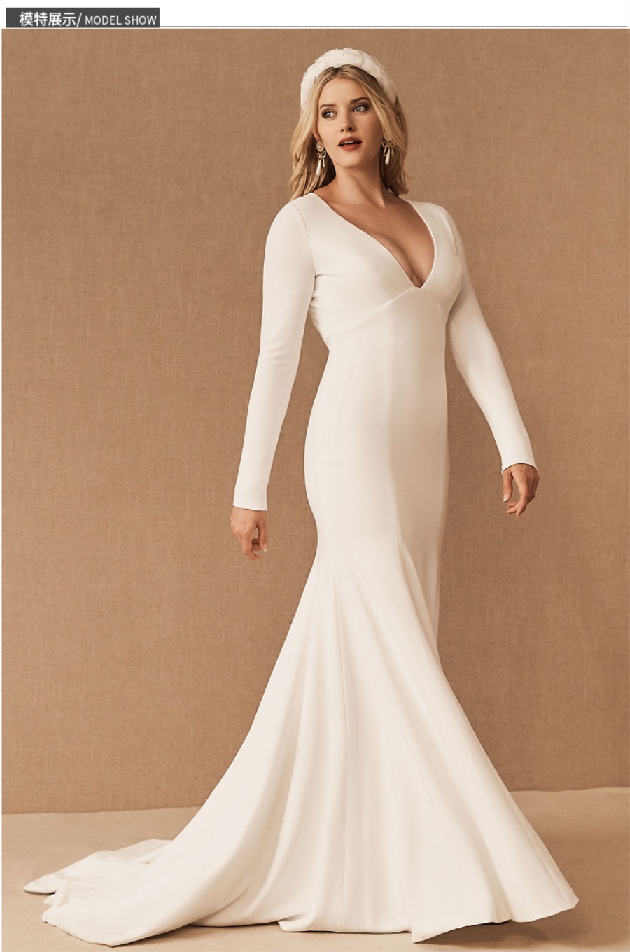 Mermaid wedding dress bride slimming deep v simple French satin dress Vintage long-sleeved GT2224