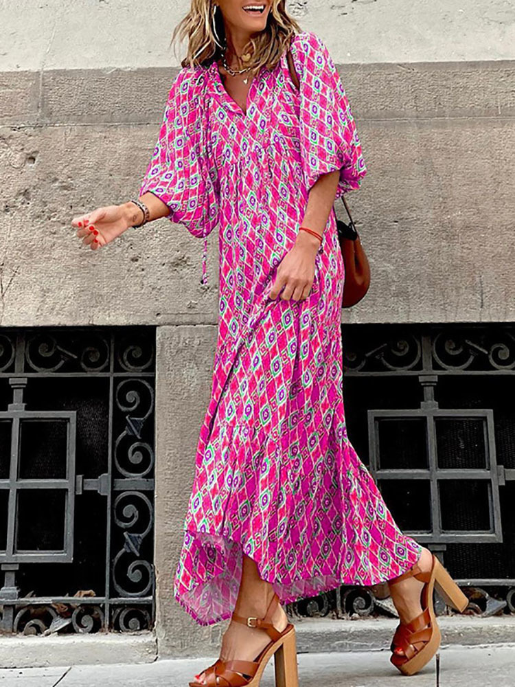 Abiti casual Donna con scollo a V Stampa Boho Dress Casual Summer 3/4 Lantern Sleeve Maxi Long Dress Elegant Lady High Street Abiti da festa larghi 230313