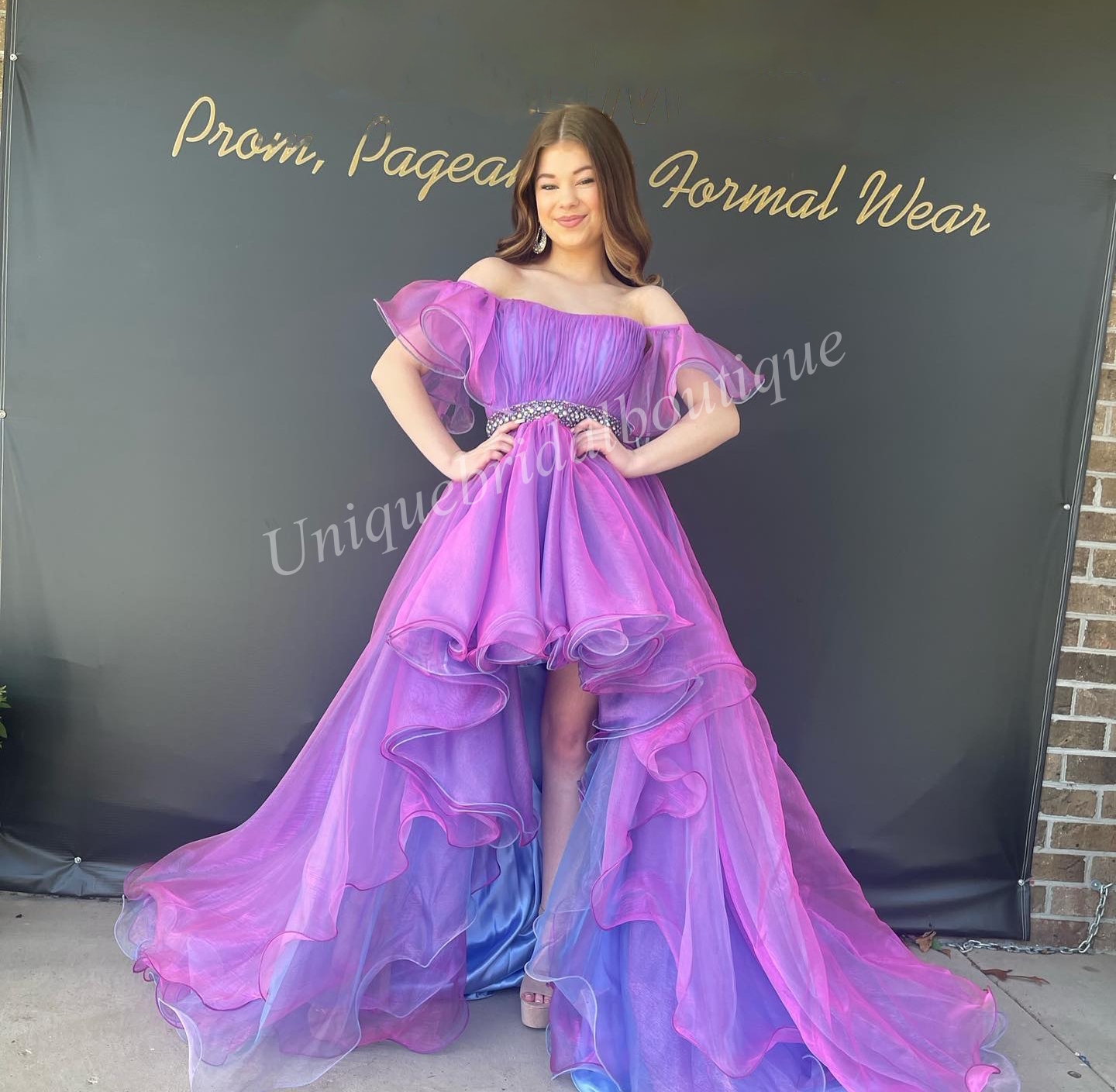 Robe de bal bicolore Hi-Lo 2k23, robe de bal à volants en organza pour femme, concours de beauté, soirée formelle, événement, piste, cravate noire, gala Hoco, manches épaules dénudées, rose vif/lilas blush/ciel