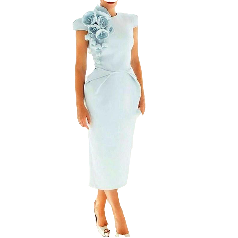 Mother Off Bride Dresses Simple Vintage Light Sky Blue Sheath Jewel Neck Cap Sleeves Hand Made Flowers Tea Length Plus Size Custom293p