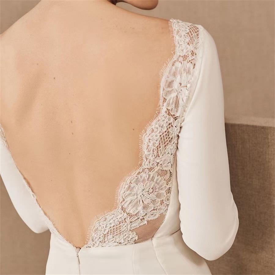 Abito da sposa in raso a maniche lunghe con scollo a una riga, spacco posteriore sottile, abito francese di alta qualità GT2223