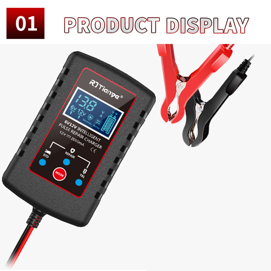 12V 6V Pulse Repair Car Battery Charger LEB Digital 2A Full Automatic Lead Acid Battery Charger For Motorcycle Kids Toy Car