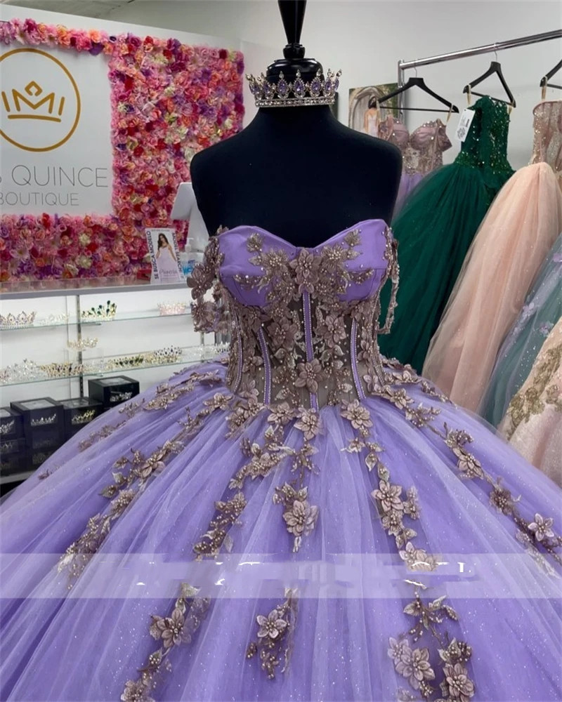 Luxury Purple Tulle Ball Gown Quinceanera Dresses 2023 Beaded Birthday Prom Dresses Appliques For Girl Sequined Lace Up Back