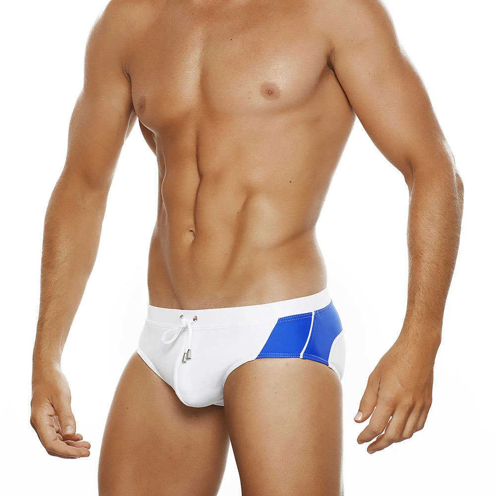 Herren-Bademode, europäischer und amerikanischer Sommer-Colorblock-Dreiecks-Badeanzug, Herren-Badehose mit Schnürung, Strand-Boardshorts, Badehose mit Push-Pads, L230314