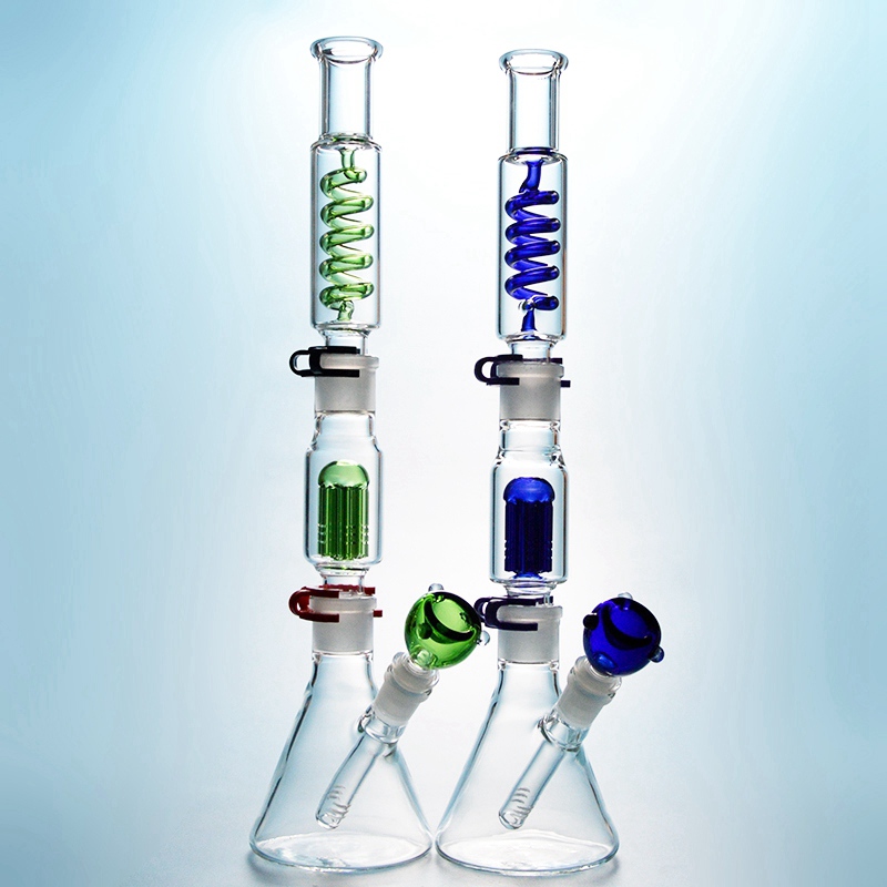 Unique Hookahs Beaker Glass Bongs 6 arms tree perc Water Pipes 18mm Female Joint Blue Green Condenser Coil 16 Inch Diffused Downstem Oil Dab Rigs 3mm Thickness