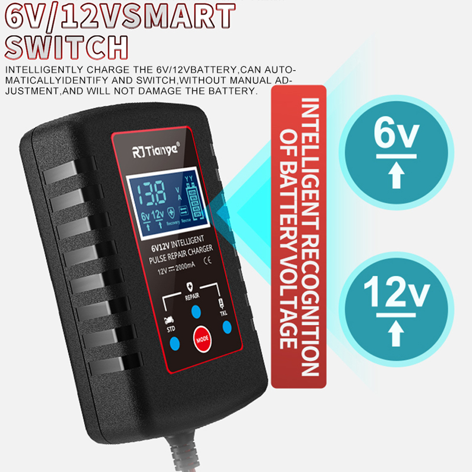 12V 6V Pulsreparatieauto Batterijlader Leb Digitaal 2a Volledige automatische loodzuurbatterijlader voor motorfiets Kids speelgoedauto