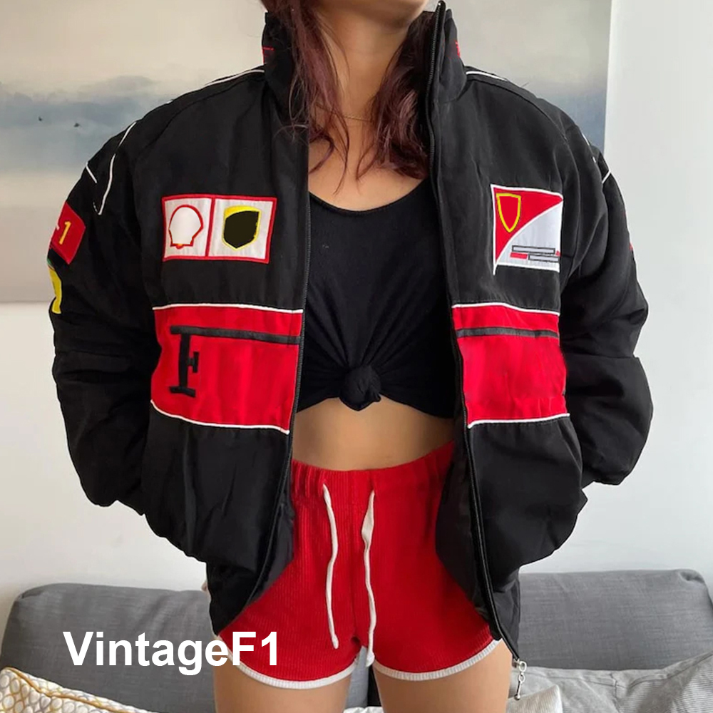 Vintage F1 Jacket Black Autumn And Winter Full Embroidered Logo Cotton Clothing F1 Formula One Racing Jacket Spot Sales