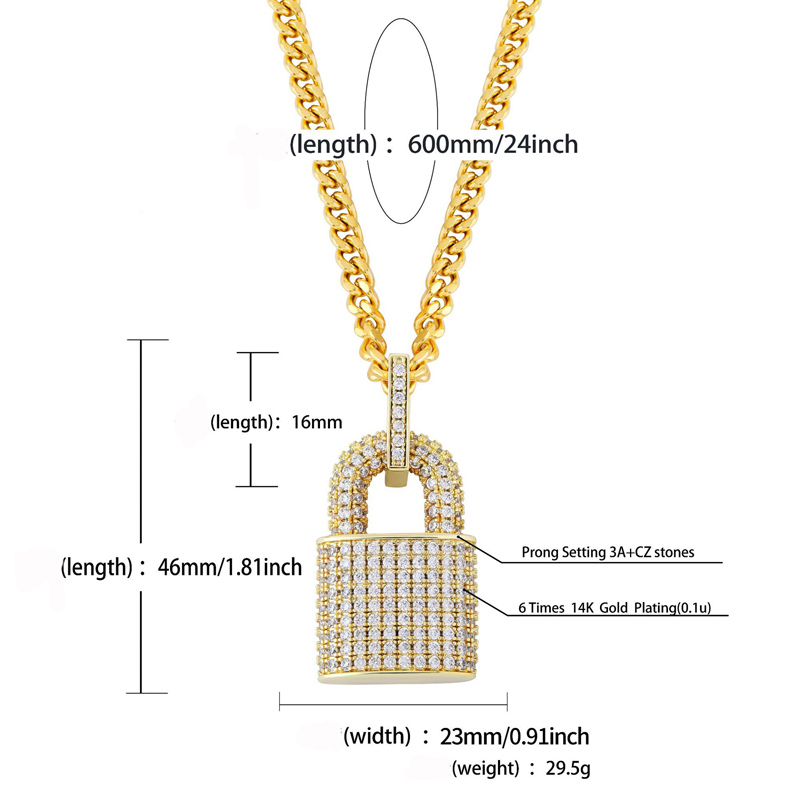 Hip Hop Lock Pendentif Colliers Cuivre Environnemental Hommes Femmes Hiphop Bijoux Glacé Super Brillant Cubic Zirconia Real Gold Silver Pated Accessoires