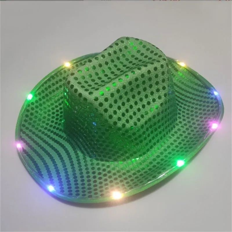우주 카우걸 LED 모자 깜박이 라이트 켜기 스팽글 스팽글 카우보이 모자 빛나는 모자 할로윈 의상 J0314