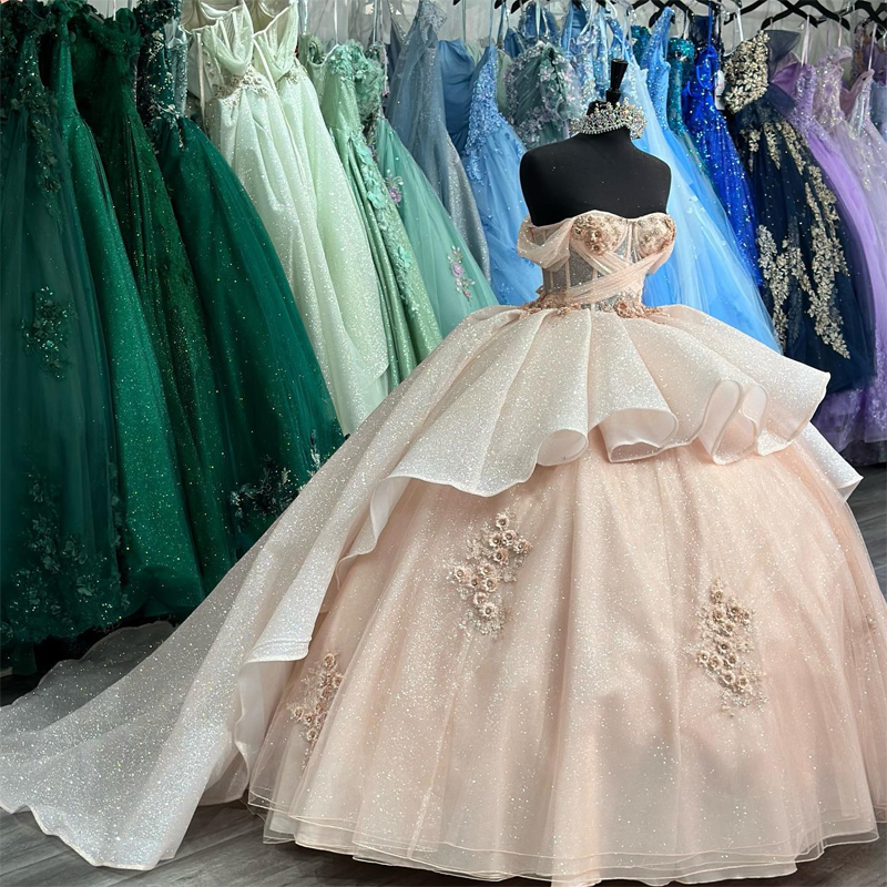 Champagne glänsande älskling quinceanera klänningskulklänning från axelapplikationerna spets 3d blommakorsett 15 vestidos de