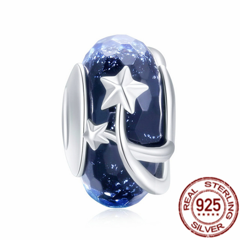 Passend für Pandora-Perlen aus 925er Silber, Damenschmuck, Celestial Shooting Star Heart Double amp Blue