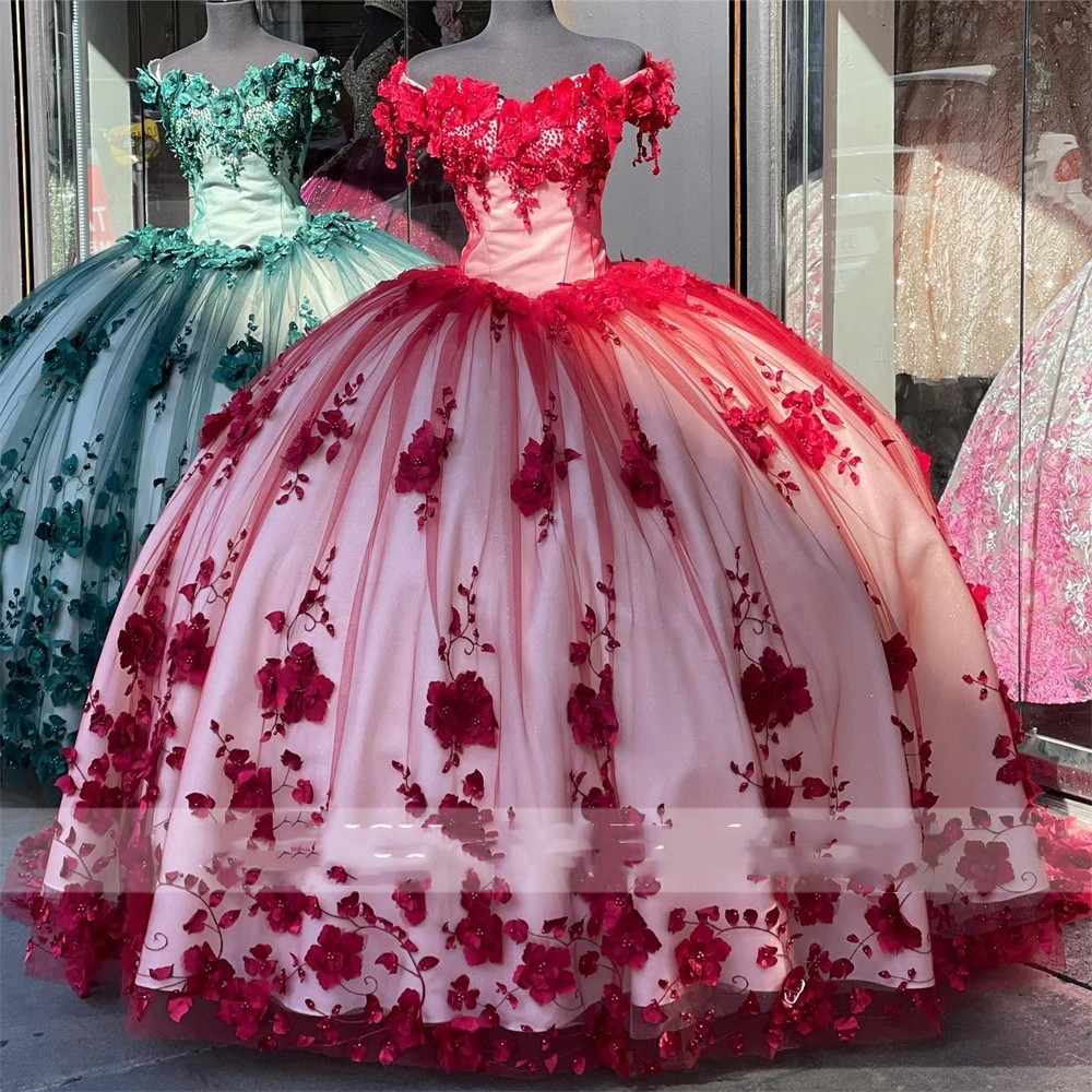 2023 Modern Green Off the Shoulder Quinceanera Dresses 3D Flowers Formele prom afstuderen jurken Princess Vestidos de 15 anos