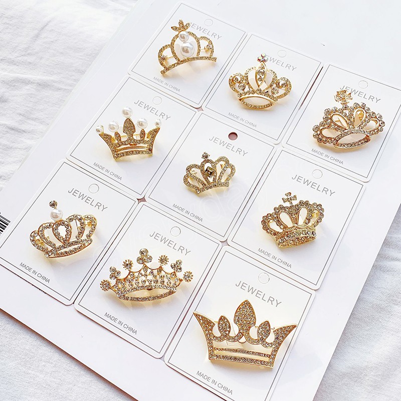 Broche de corona de diamantes de imitación a la moda, broches de alfiler de solapa para traje de cristal de lujo real para mujeres y hombres, accesorio de insignia, regalo de joyería