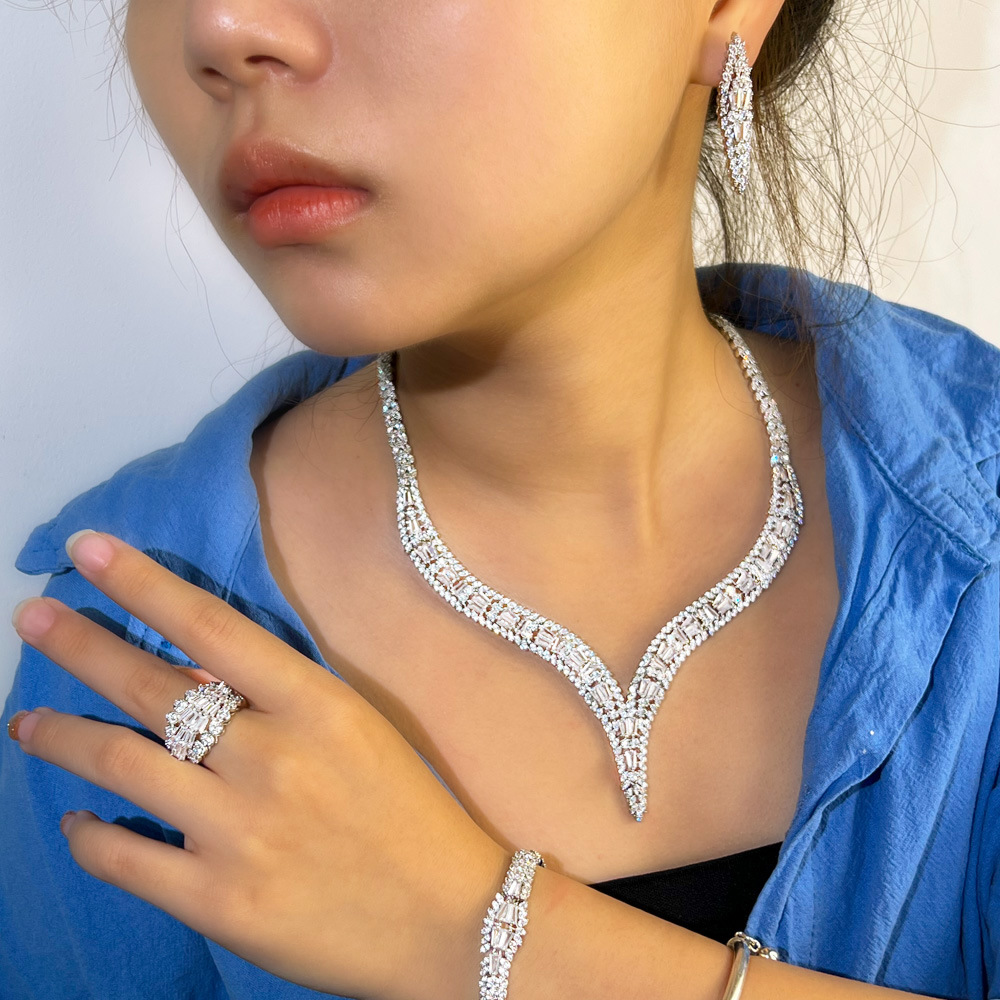Conjunto de jóias de diamante de laboratório vintage 925 Sterling Silver Wedding Ring Breathring Bracelet