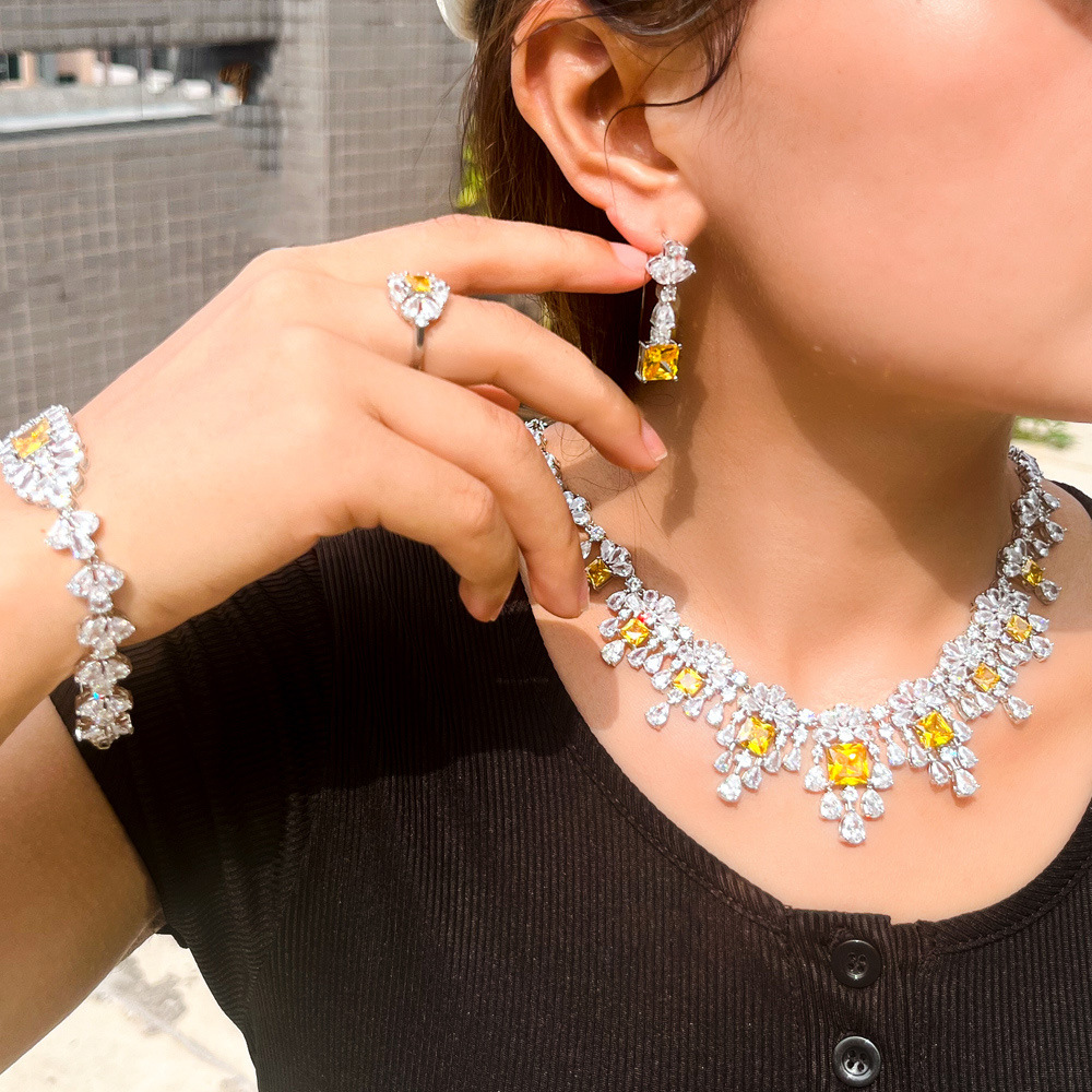 Handgemaakt lab topaz diamanten sieraden set 14k wit goud trouwring oorrang ketting armband voor vrouwen bruids verloving sieraden