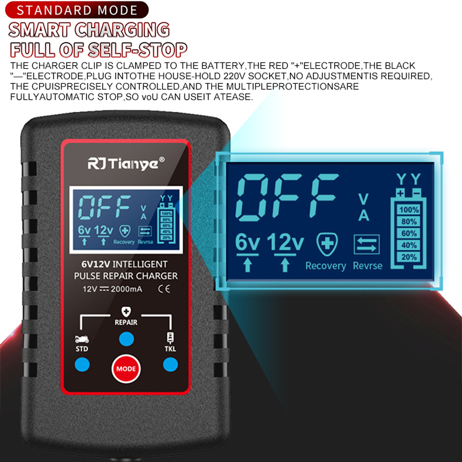 12V 6V Puls Onarım Araç Pil Şarj Cihazı Leb Dijital 2A Tam Otomatik Kurşun Asit Pil Şarj Cihazı Motosiklet Çocuk Oyuncak Araba