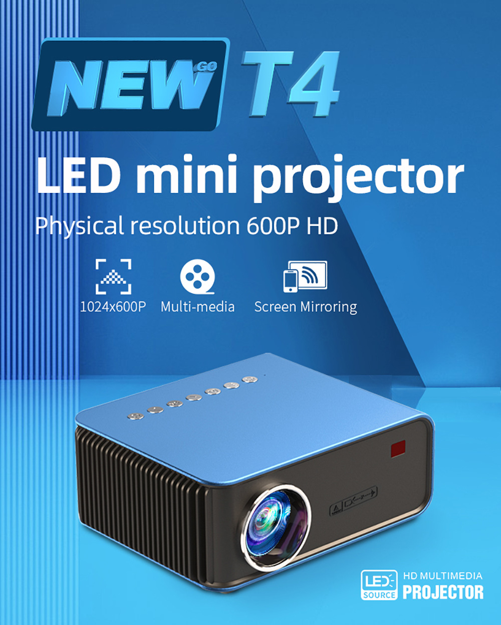 LEJIADA Neuer T4 LED-Miniprojektor 1024 x 600 P, unterstützt Full HD 1080 P Youtube WiFi-Video für Telefon, Heimkino, 3D-Smart-Filmspiel