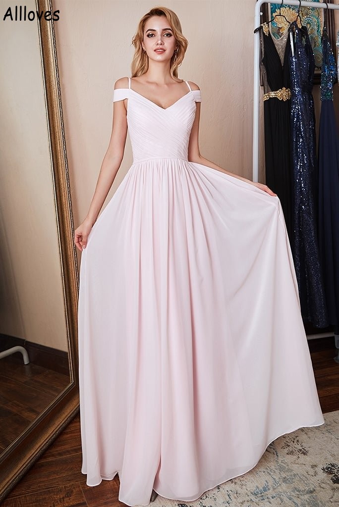 Blush roze A Line Chiffon Bridesmeisje jurken voor Summer Beach Wedding Party Lang geplooide jonge meisjes formele jurken sexy van de schoudermeisje jurk Cl2003