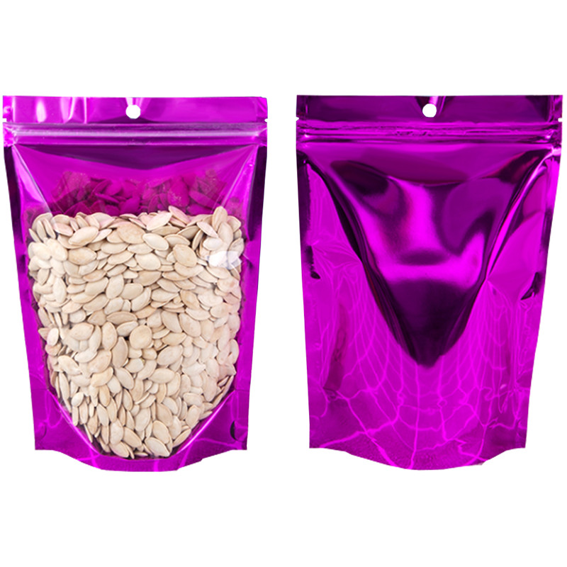 Doorzichtige plastic paarse aluminium folie zelfafdichting opstaantas met hang gat herstelbare hersluitbare recloseerbaar voedsel doypack zakjes lx5484