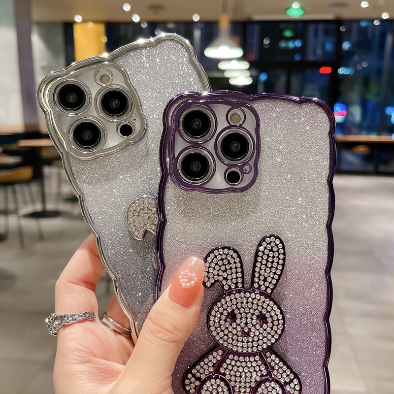 Étuis de diamant mignons de lapin Bling pour iPhone 14 Pro Max Plus 13 12 11 XR XS X 8 7 Placage métallique chromé plaqué de luxe Glitter Wave Gradient Sparkle Soft TPU Couvertures de téléphone