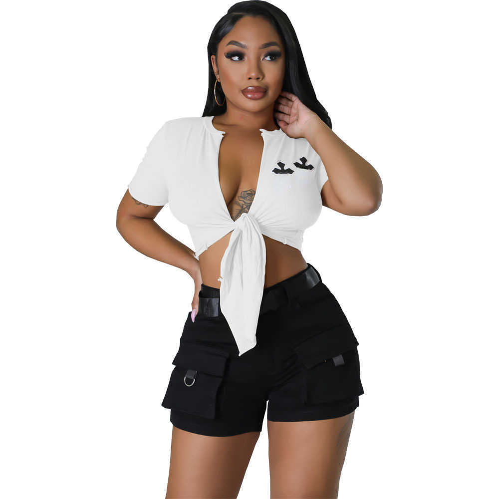 Women Clothes Summer Women T-shirts Straight Sexy Solid Color White Black Tops Print Lace-up Hollow Tees