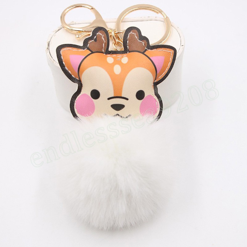 Cute Sika Deer Pompom Keychain Pom Pom Key Chain Rabbit Fur Ball Pompon Porte Clef Fluffy Leather Key Ring Accessories Jewelry