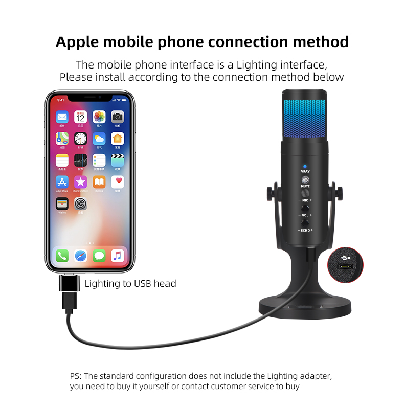 USB -конденсатор Microphone Condenser для ПК/Mac/PS4/PS5/телефон с микрофоном с блестящим RGB Lightsing Weverphone Topting Control Mute для потокового подкаста YouTube
