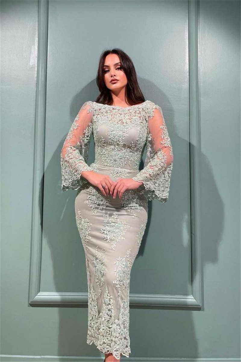 2023 Sexy Mother Of The Bride Dresses Jewel Neck Plus Size Mermaid Long Sleeves Lace Appliques Crystal Beads Sage Satin Party Wedding Guest Dress Mother Dress