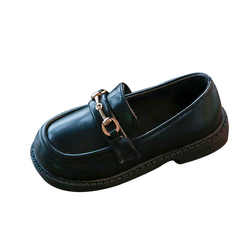 Platta skor 2022 Spring New Girls British Boys Leather Shoes Barn Soft Mary Janes Metal Kids Fashion Casual Solid Black Slip-On Loafers P230314