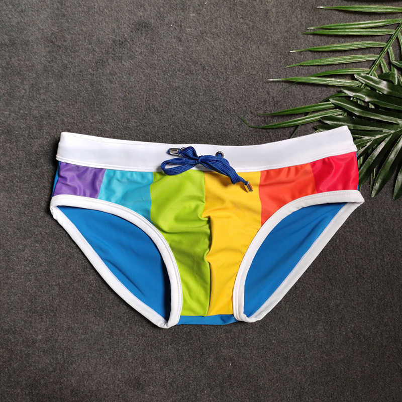 Men's swimwear Sexy Rainbow Stripes Swimsuit Men Swimwear Low Waust Mens Swim Briefs Bikini Swimming Trunks For Man Beach Surf Bath Suit Wear L230314