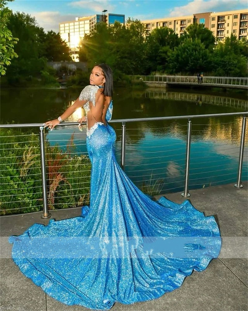 Charming Lake Blue Long Prom Dresses For Black Girls 2023 Beaded Appliques Birthday Party Dress Mermaid Evening Gown Robe De Soiree