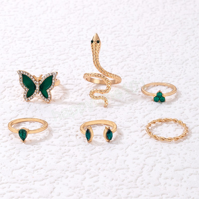 Böhmen geometrisk kunckle ring set för kvinnor grön kristallfjäril ormformad gemensam ring kvinnlig fest smyckespresenttillbehör