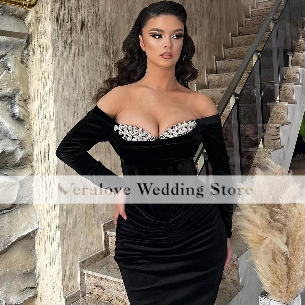 Abaya Black Evening Dress 2023 Off Shoulder Long Sleeves Velvet Saudi Arabic Prom Party Gowns for Women Cocktail Dresses Custom Size