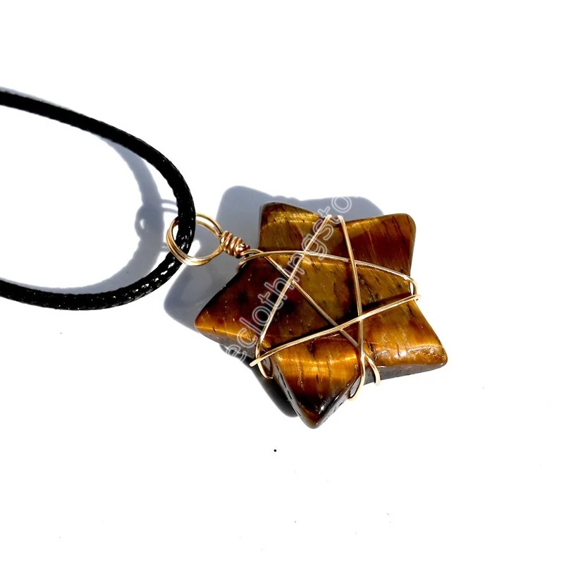 Natural Stone Wire Wrap Star Pendant Reiki Healing Crystal Tiger Eye Rose Quartz Aventurines Halsband för kvinnors smycken