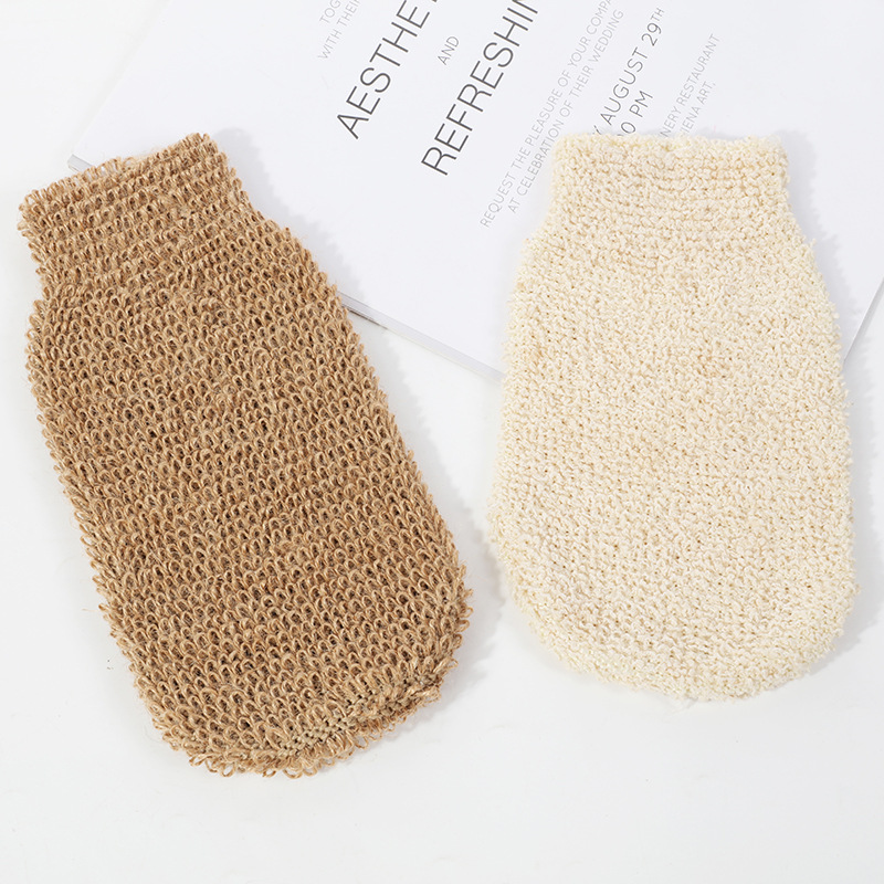 Badskrubber Natural Exfoliating Glove Mitts Hemp Sisal Fiber Bath Spa Shower Scrubber Loofah Rub Mitt Mitten Sponge Ta bort Dead Skin Jute Gloves