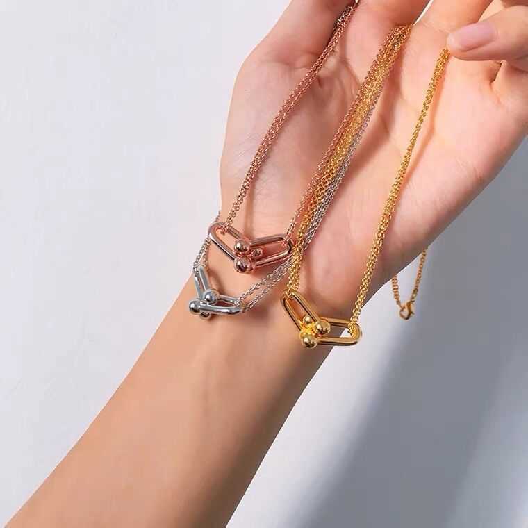 Beroemd merk Tiffay dubbele ring ketting 925 sterling verzilverd 18K goud diamant gratis gesp ketting hoefijzer sleutelbeen ketting vrouwelijk