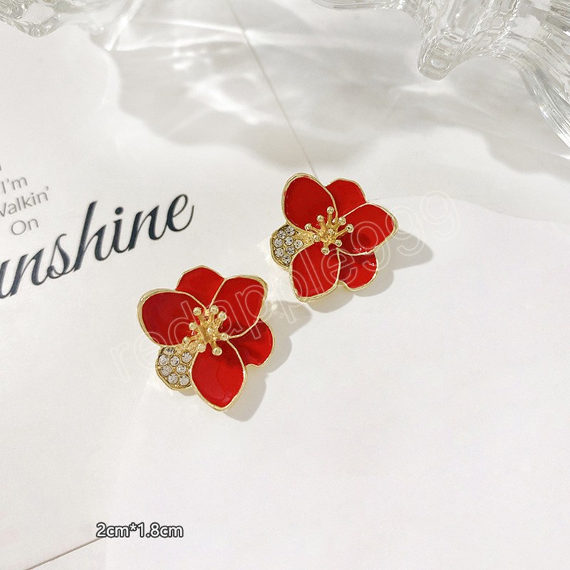 Elegant Geometric Sweet Red Stud Earrings for Women Rhinestone Flower Pearl Bowknot Wedding Earrings Tassel Brincos Ear Jewelry