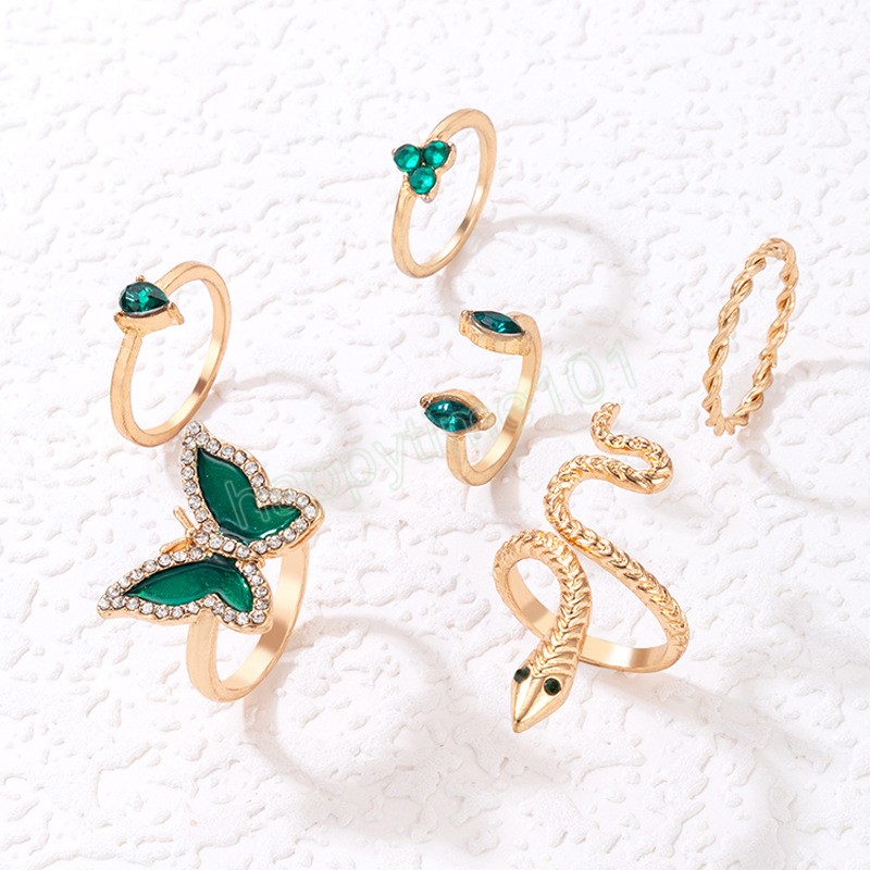 Böhmen geometrisk kunckle ring set för kvinnor grön kristallfjäril ormformad gemensam ring kvinnlig fest smyckespresenttillbehör