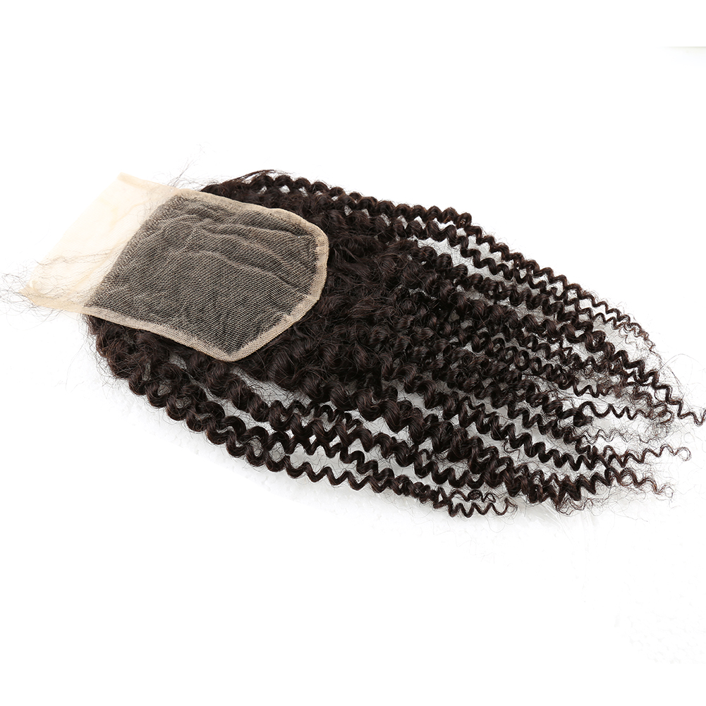 100% cheveux humains dentelle fermeture Afro crépus bouclés haut dentelle fermeture 4X4 haut fermetures pièce avec bébé cheveux partie libre noeuds blanchis