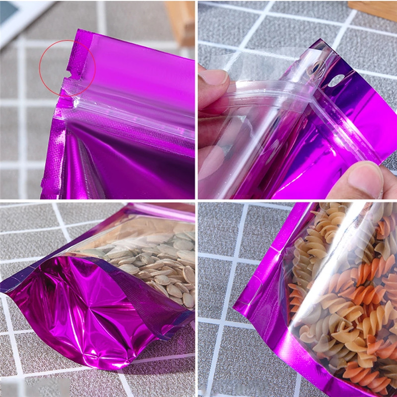 Bolsa de stand de alumínio roxo de plástico transparente com folha self -stand stand com hang hole hole sedável alimentos reclosáveis ​​doypack bolsas LX5484