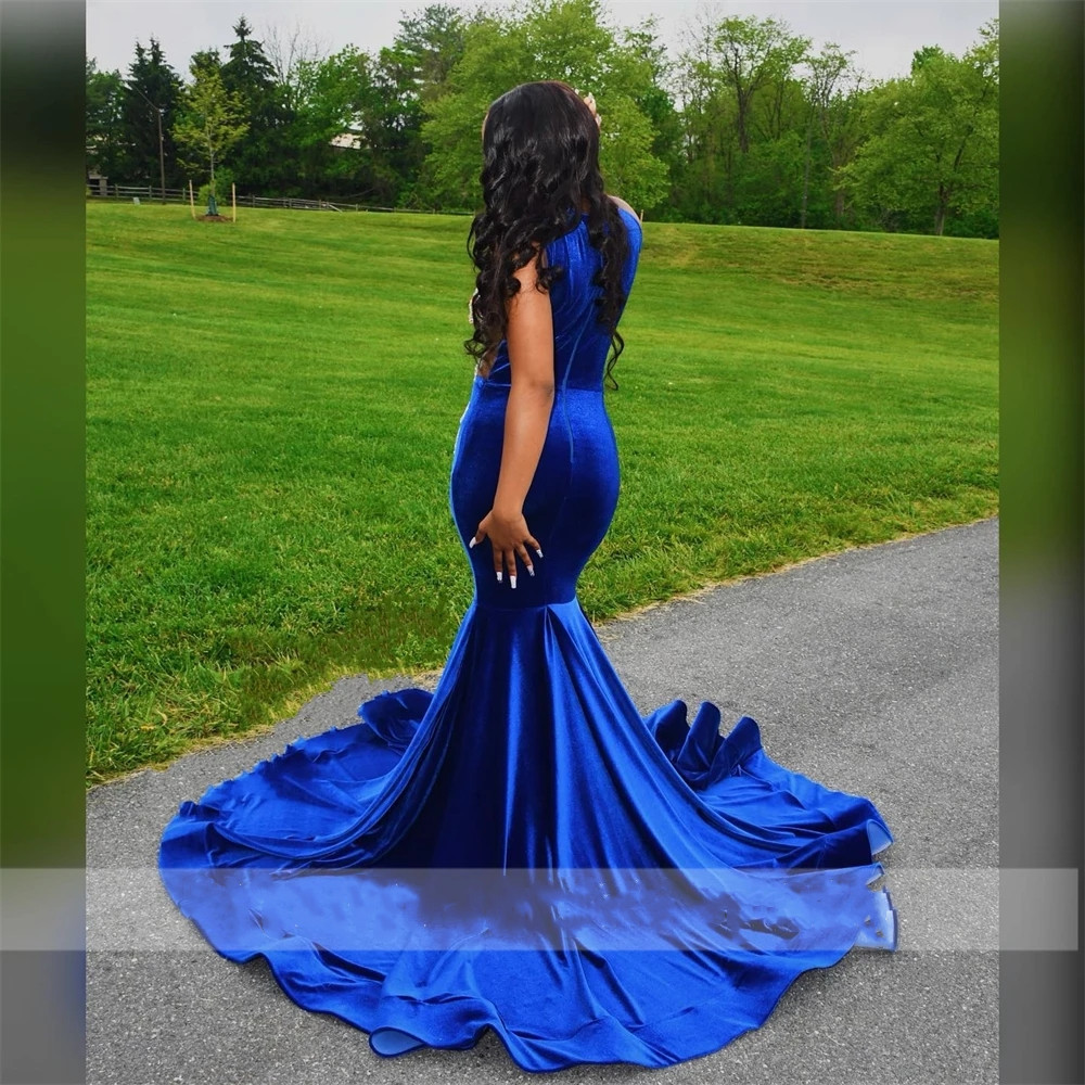 African Royal Blue Velvet Long Prom Dress For Black Girls 2023 O Neck Appliques Evening Gowns Mermaid Birthday Party Gown Robe De Bal