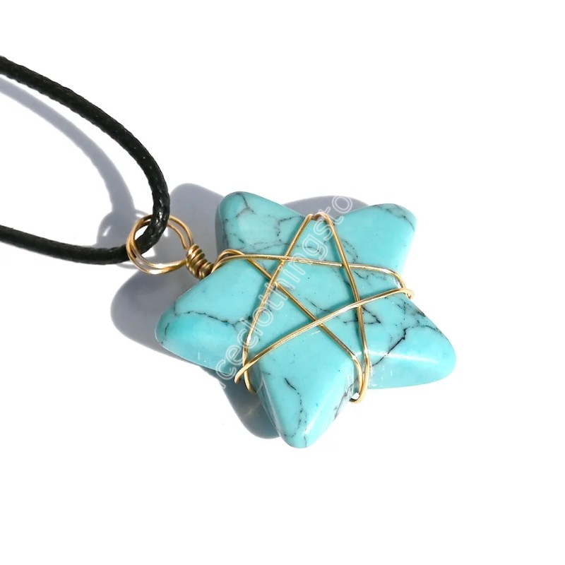 Natural Stone Wire Wrap Star Pendant Reiki Healing Crystal Tiger Eye Rose Quartz Aventurines Halsband för kvinnors smycken