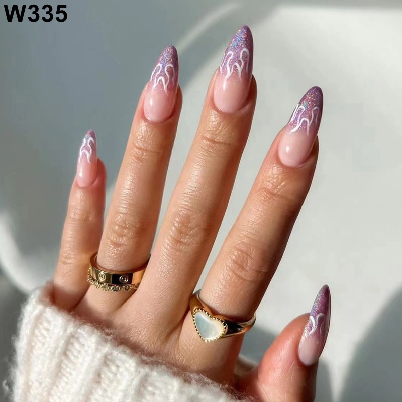 French Wearable Nails Wave Lines Detachable Press On Nails Art Diy Full Cover Glitter Finished Nail Simple Fashion Black White Fake Manicures