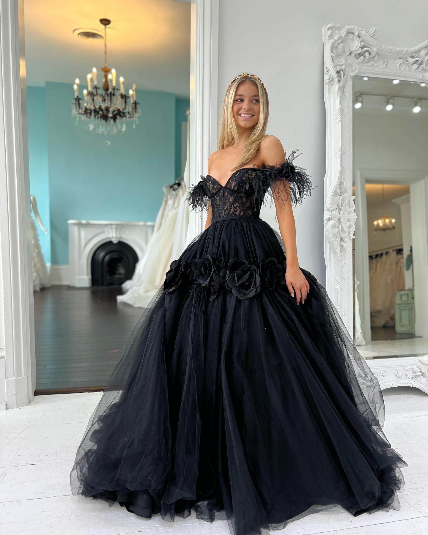 Blush prom jurk 2k23 Off-shoulder Ballgown 3d Rose Floral Lady Pageant Formal Event Party Runway Black-Tie Gala Quince Sheer Lace Bodice Featic Cap Mouwen