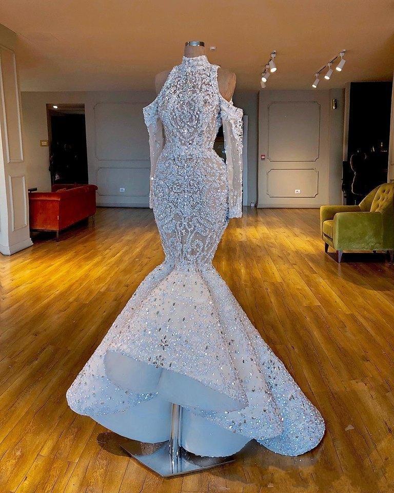 Luxurious Real Images South African Dubai Mermaid Wedding Dresses High Neck Beaded Crystals Bridal Dresses Long Sleeves Wedding Gowns BC2656