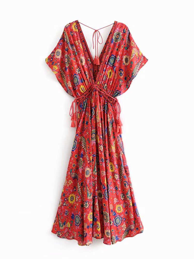 Abiti casual Vintage Chic Donna Pavone Stampa floreale Manica a pipistrello Beach Bohemian Maxi Abiti Abito da donna con scollo a V Nappa Summer Boho Dress W0315