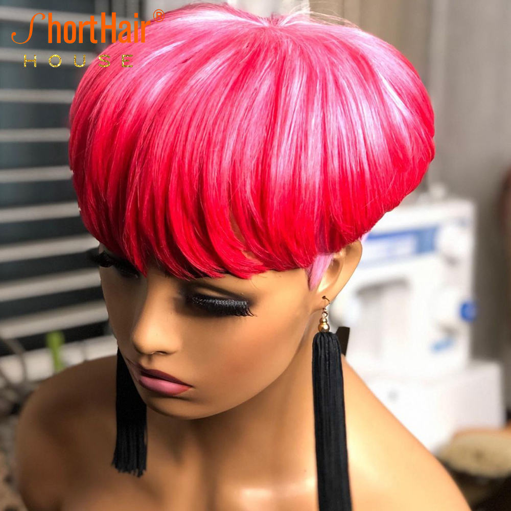 Pixie de cor curta corta direta Bob Human Hair Wig For Women Brazilian Remy Hair Hairless Glueless Pink Loiro Pedras baratas