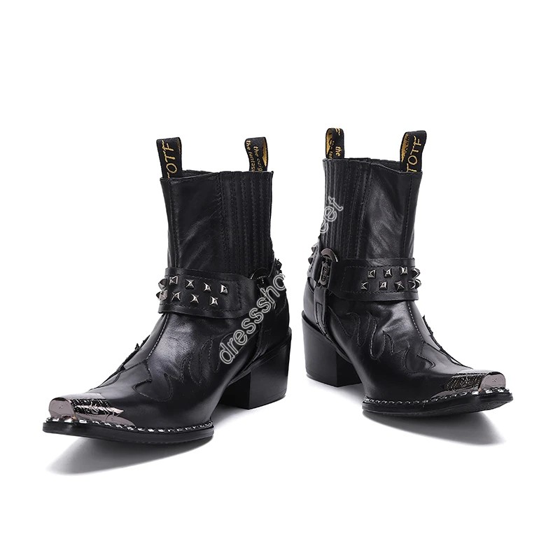 Rock Genuine Leather Ankle Men Boots Western Cowboy Men Boots Pointed Toe Iron Head Black Riding/Motorcycle Party Botas